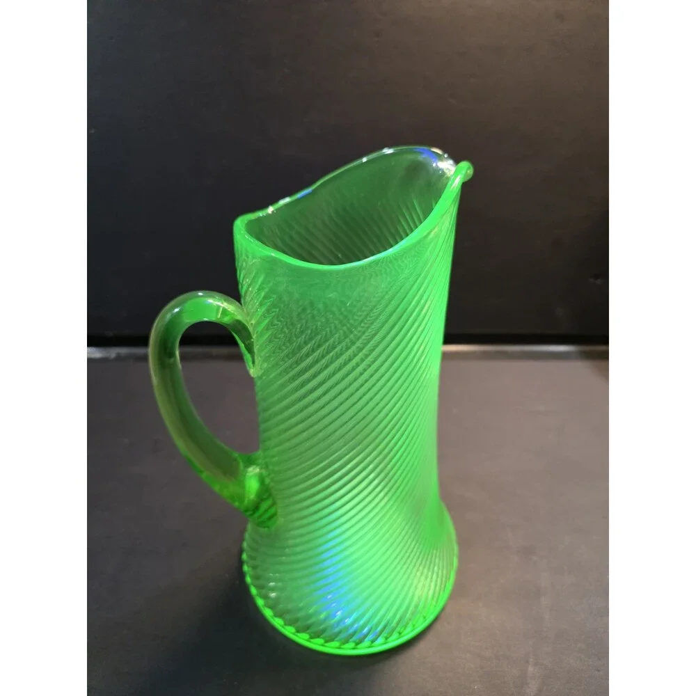 Antique Vintage Green Uranium Glass Pitcher – Diagonal Spiral Swirl Optic Ribbed